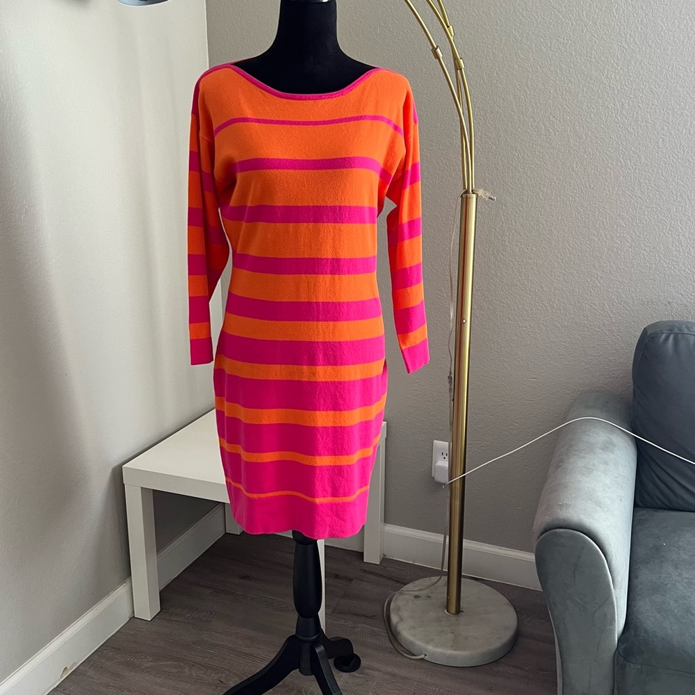 Calvin Klein Women’s Long Sleeve Striped Dress Orange and Pink Size Medium